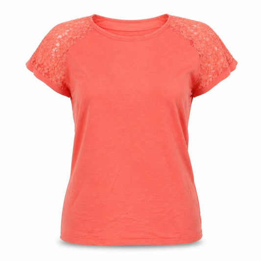 Beyou Womens Orange  Cotton Basic T-Shirt Size 12 Crew Neck - Lace Sleeve