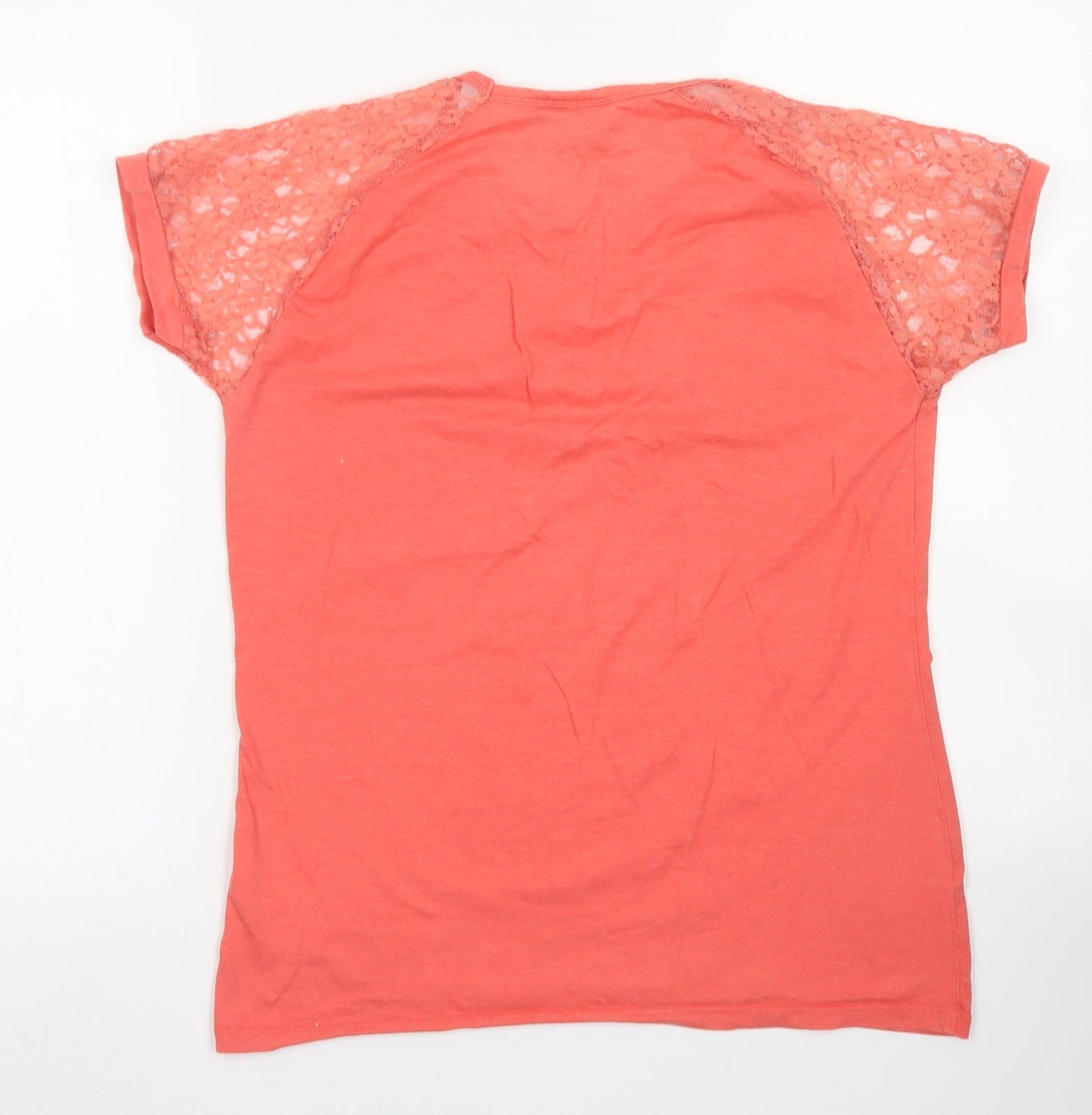 Beyou Womens Orange  Cotton Basic T-Shirt Size 12 Crew Neck - Lace Sleeve