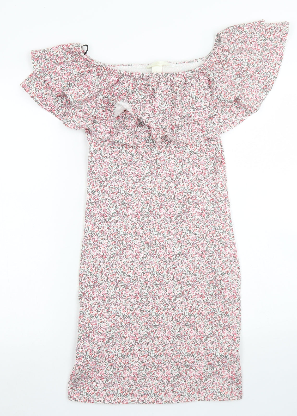 H&M Womens Pink Floral Cotton Bodycon  Size XS  Off the Shoulder