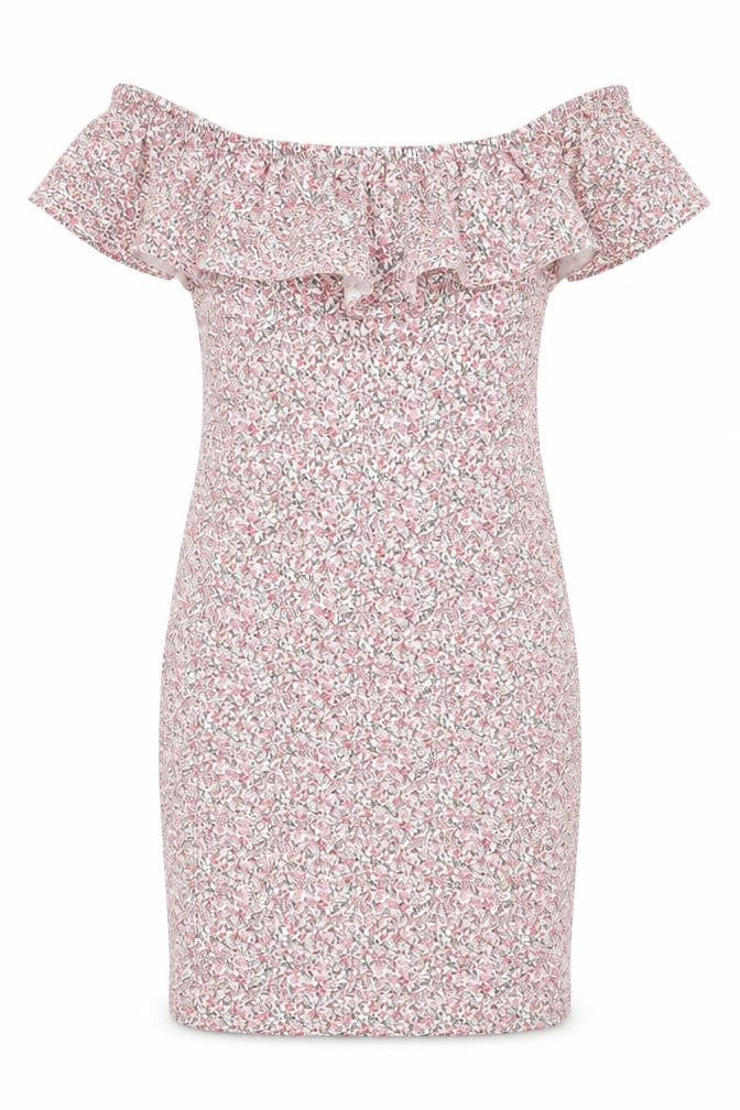 H&M Womens Pink Floral Cotton Bodycon  Size XS  Off the Shoulder