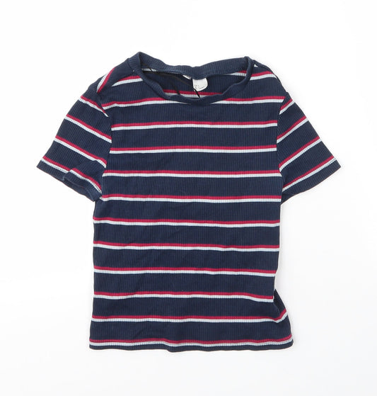 H&M Womens Blue Striped Cotton Basic T-Shirt Size S Round Neck