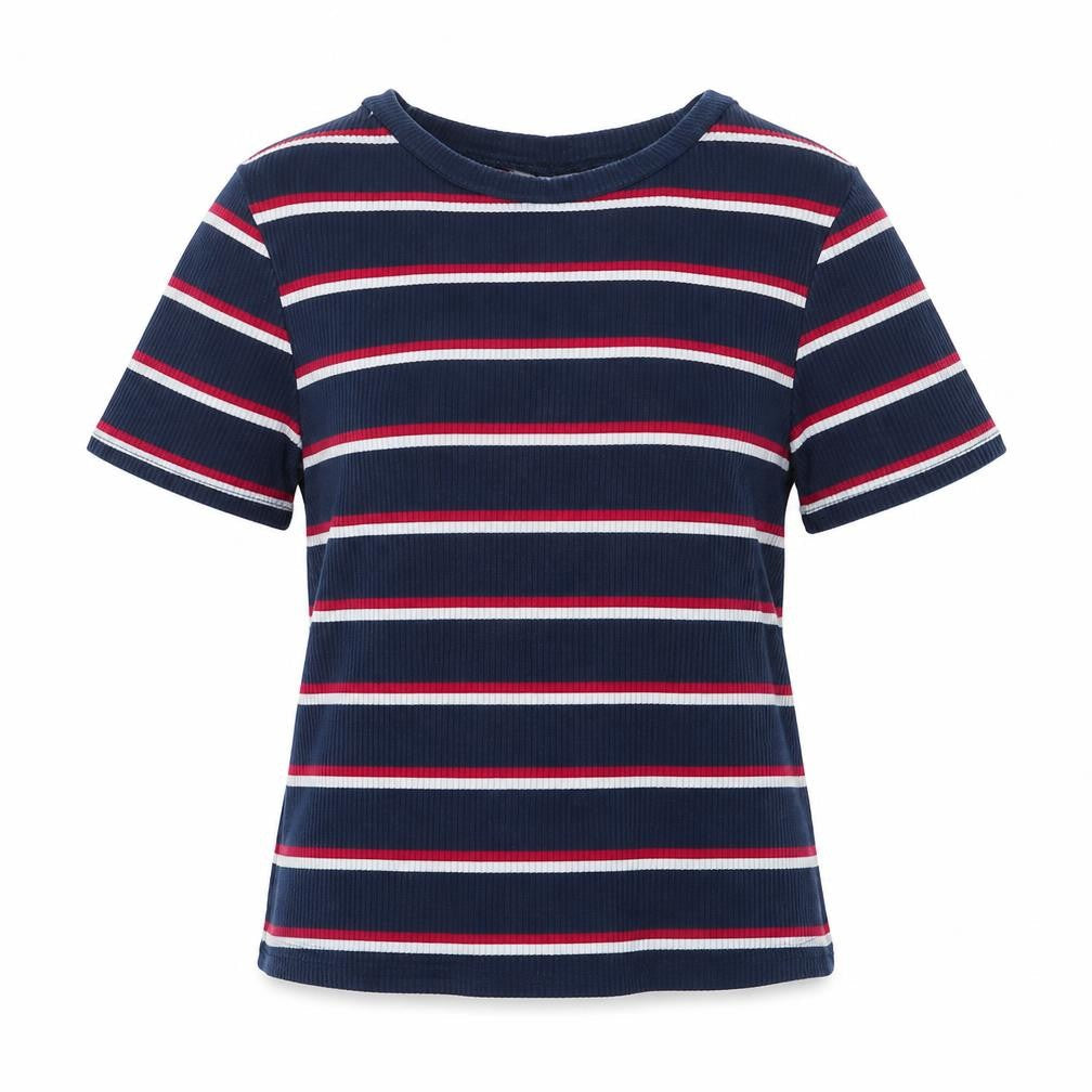 H&M Womens Blue Striped Cotton Basic T-Shirt Size S Round Neck