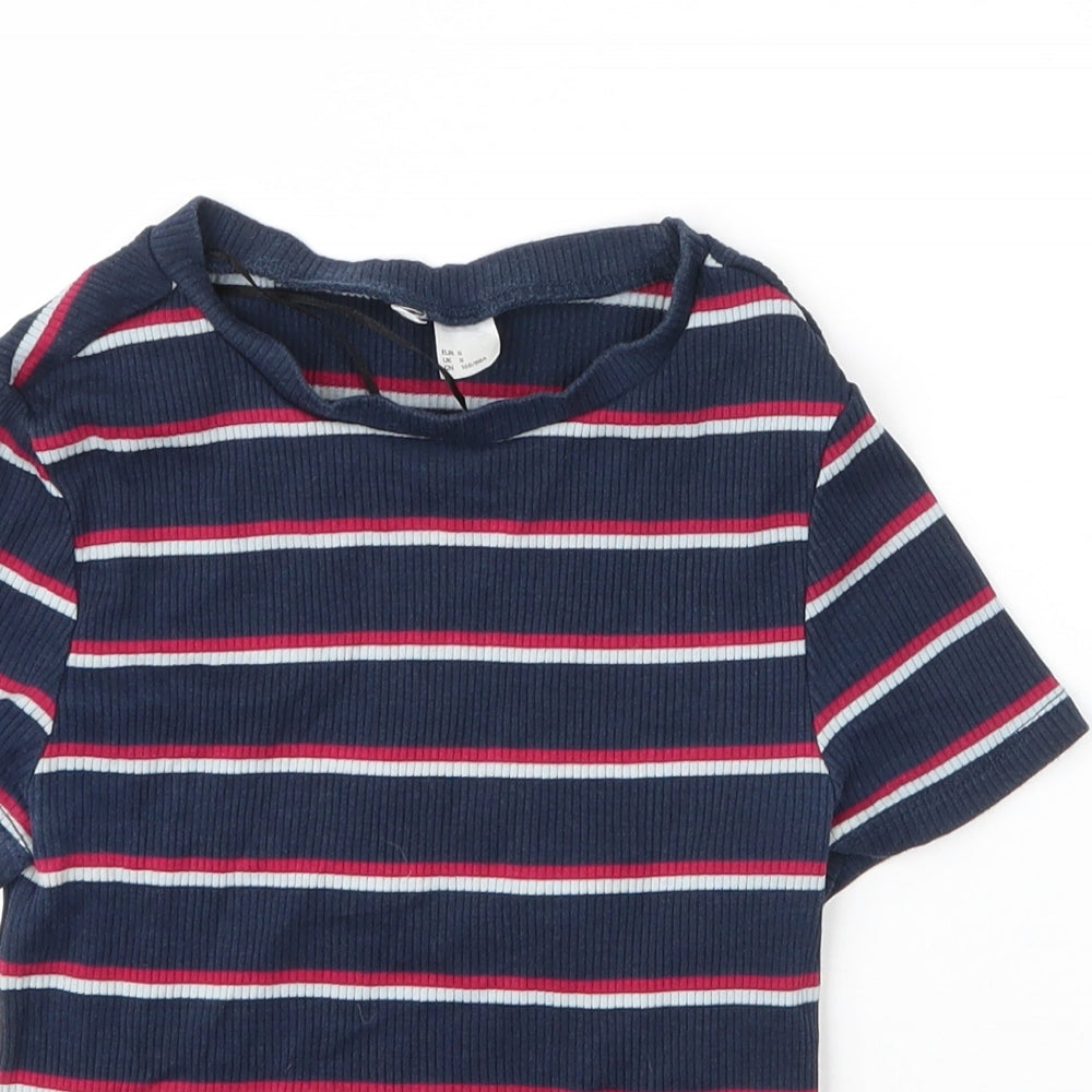 H&M Womens Blue Striped Cotton Basic T-Shirt Size S Round Neck