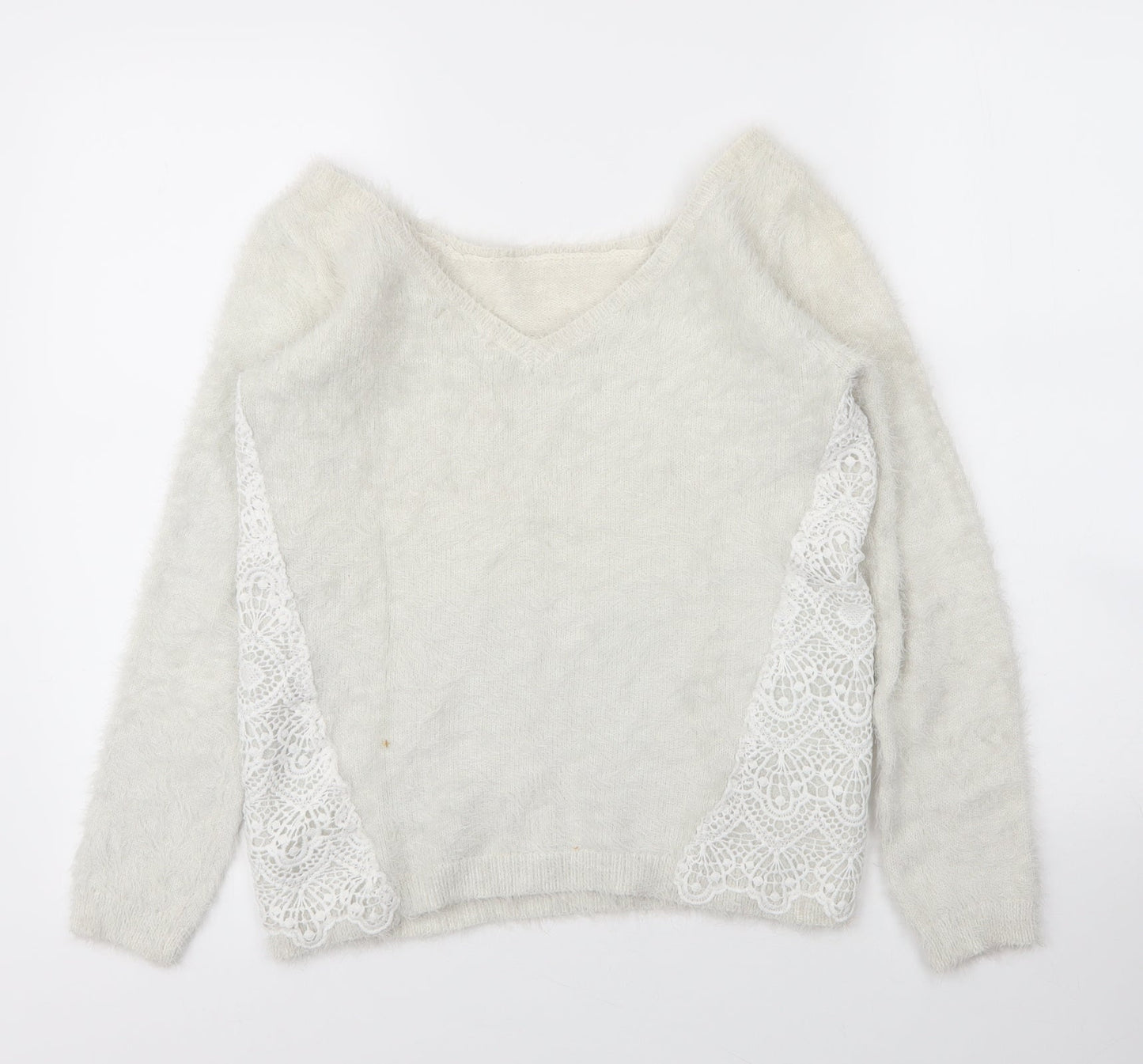 Cache Cache Womens White Boat Neck  Acrylic Pullover Jumper Size M