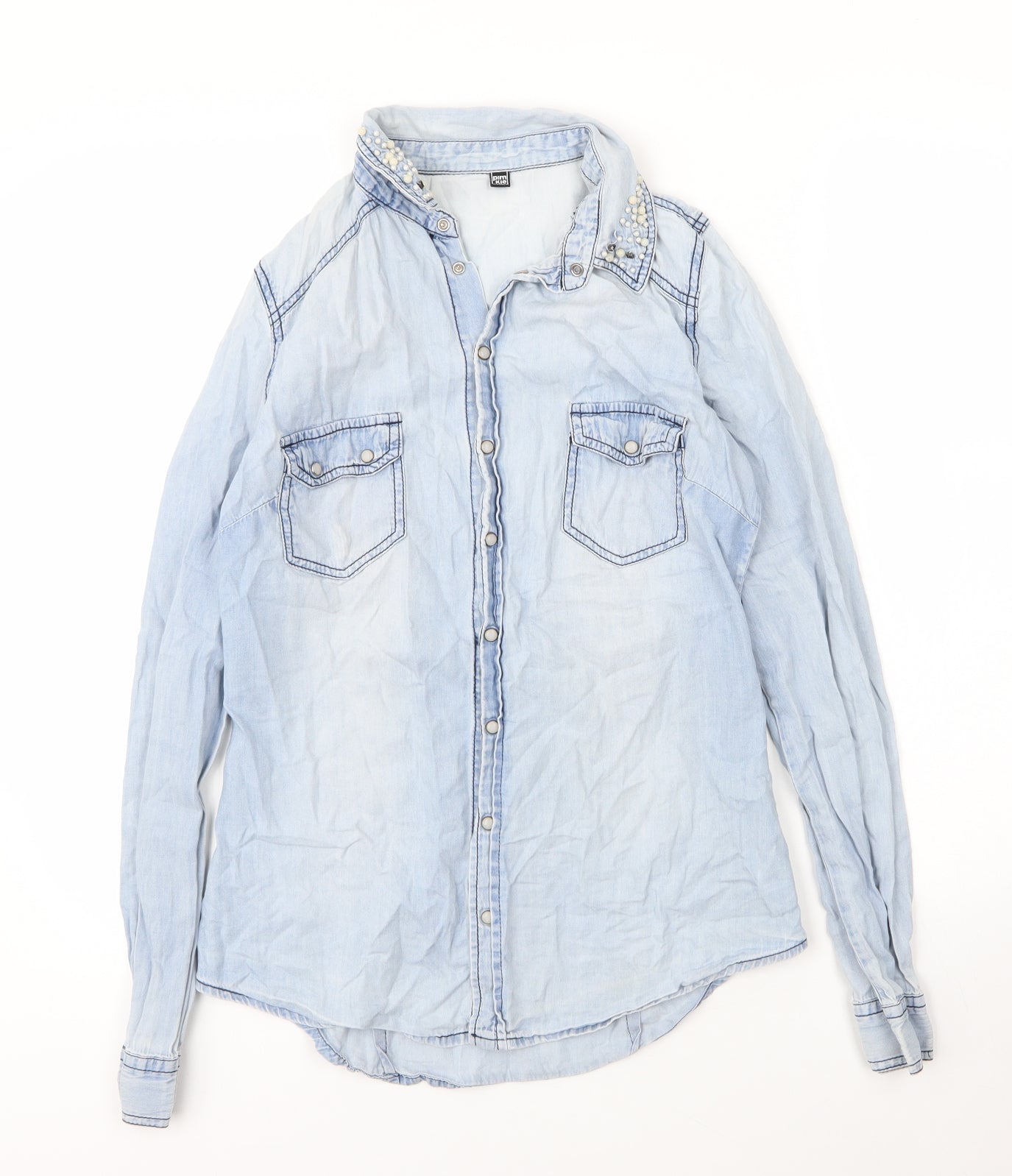 Pimkie Womens Blue  Cotton Basic Blouse Size S Collared - Pearls