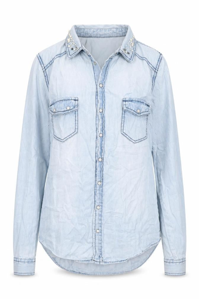 Pimkie Womens Blue  Cotton Basic Blouse Size S Collared - Pearls