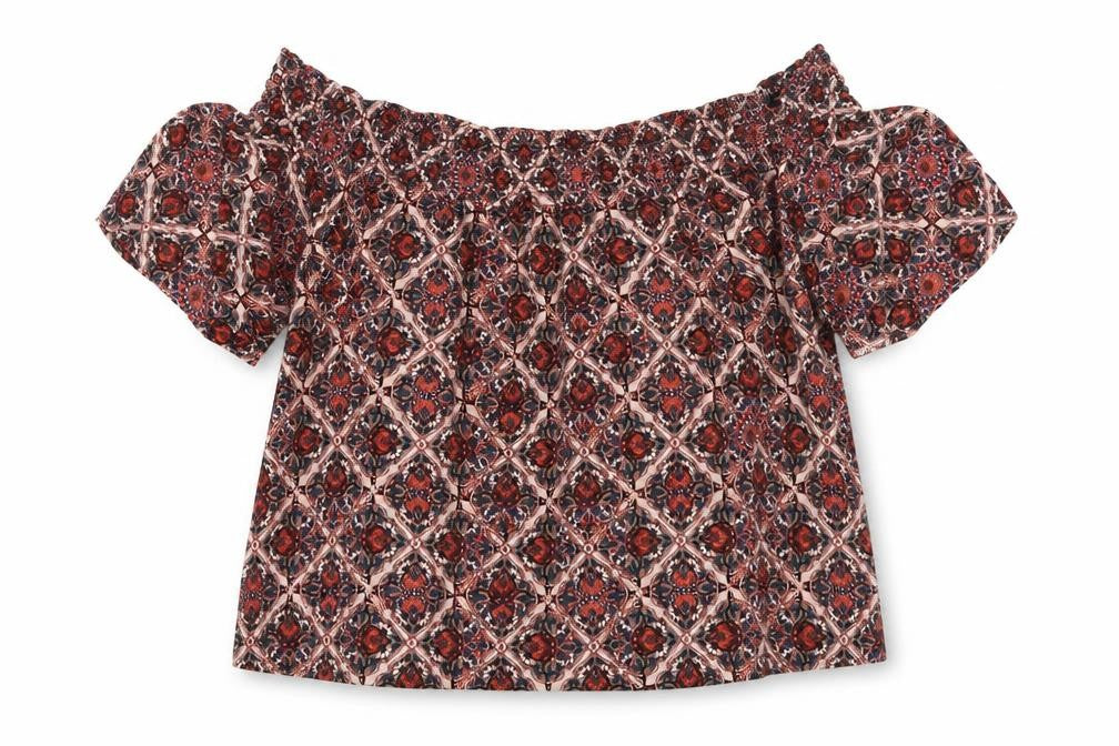 Topshop Womens Red Geometric Viscose Basic Blouse Size 8 Off the Shoulder