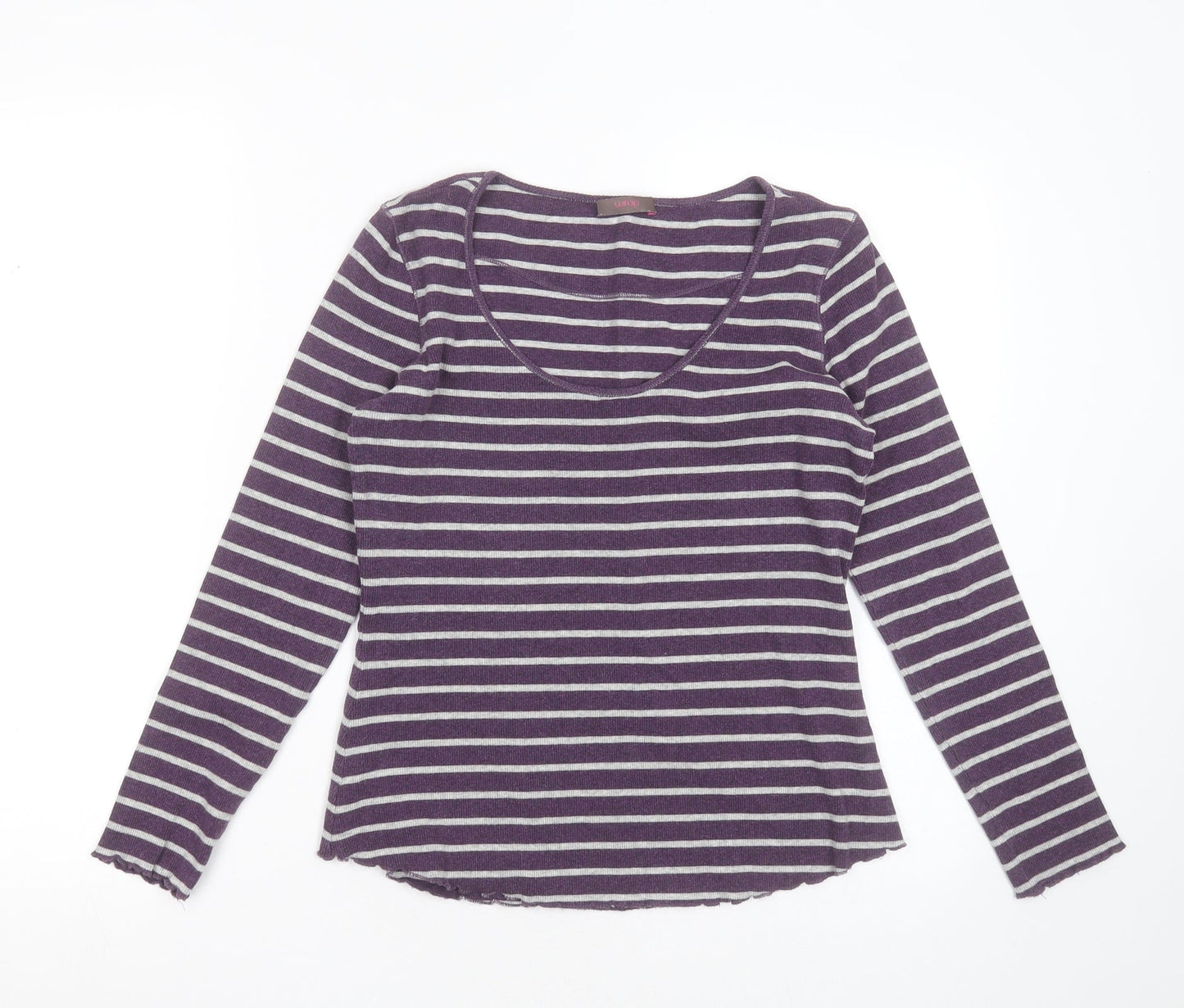 WRAP Womens Purple Striped Cotton Basic T-Shirt Size 10 Round Neck