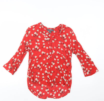 Preloved Primark Womens Red Floral Viscose Basic Button-Up Size 8 V-Neck - Front