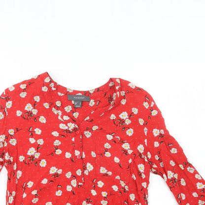 Preloved Primark Womens Red Floral Viscose Basic Button-Up Size 8 V-Neck - Detail