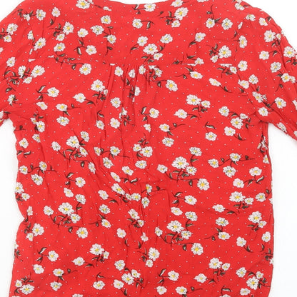 Preloved Primark Womens Red Floral Viscose Basic Button-Up Size 8 V-Neck - Label