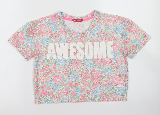 Young Dime3nsion Girls Ivory Floral Polyester Cropped Blouse Size 7-8 Years Crew Neck