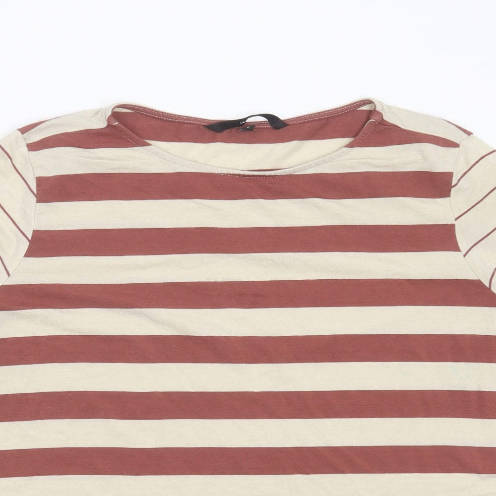 VERO MODA Womens Beige Striped Lyocell Basic T-Shirt Size M Round Neck