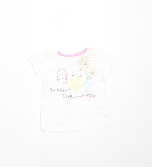 Peacocks Girls White  Cotton Basic T-Shirt Size 3-6 Months Round Neck  - icecream