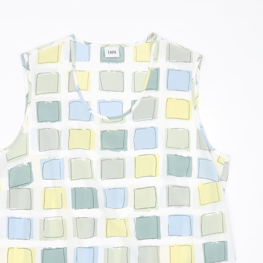 LUCIA Womens White Geometric Polyester Basic Blouse Size 14 Round Neck