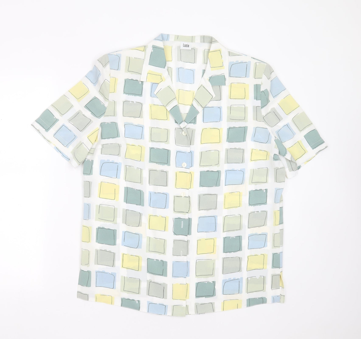 LUCIA Womens White Geometric Polyester Basic Blouse Size 14 Collared - shoulder pads