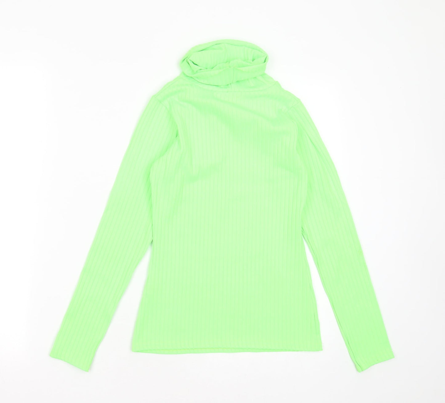 PRETTYLITTLETHING Womens Green Striped Polyester Basic T-Shirt Size 10 Roll Neck