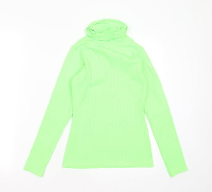 PRETTYLITTLETHING Womens Green Striped Polyester Basic T-Shirt Size 10 Roll Neck