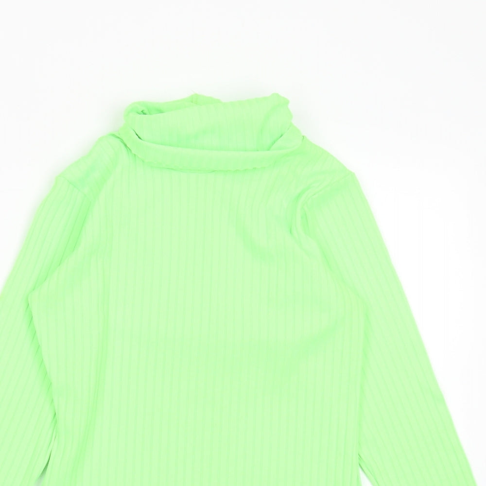 PRETTYLITTLETHING Womens Green Striped Polyester Basic T-Shirt Size 10 Roll Neck