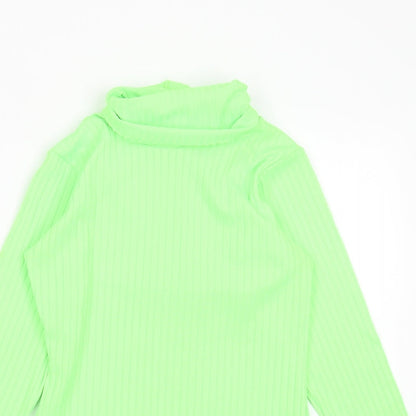 PRETTYLITTLETHING Womens Green Striped Polyester Basic T-Shirt Size 10 Roll Neck
