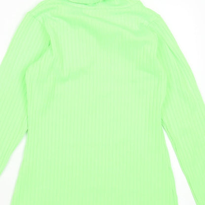 PRETTYLITTLETHING Womens Green Striped Polyester Basic T-Shirt Size 10 Roll Neck