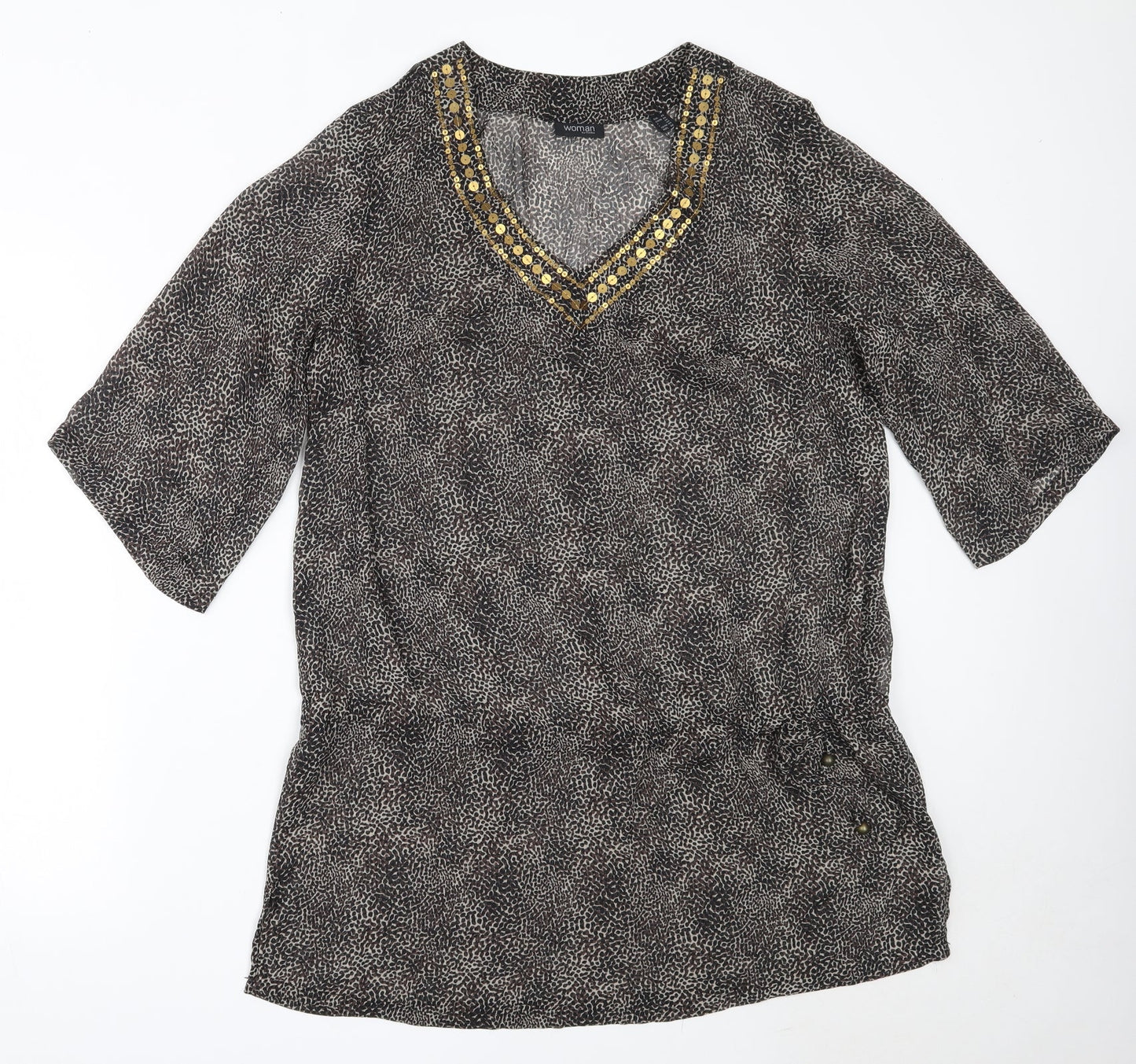 Tchibo Womens Brown Animal Print Polyester Basic Blouse Size 44 V-Neck