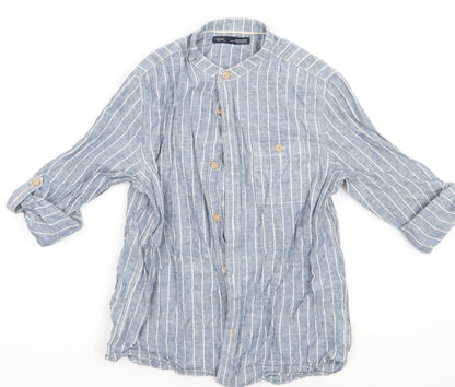 Preloved NEXT Girls Blue Striped Linen Basic Button-Up Size 8 Years Crew Neck Button - Front