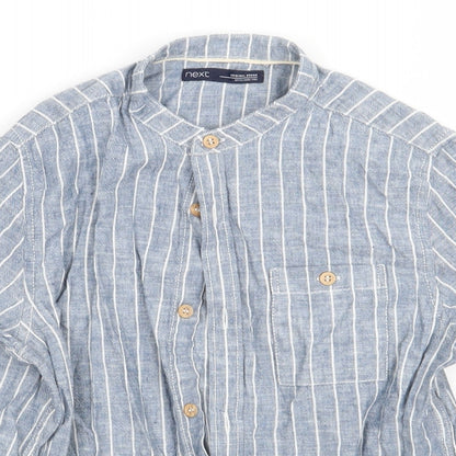 Preloved NEXT Girls Blue Striped Linen Basic Button-Up Size 8 Years Crew Neck Button - Detail