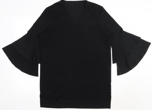 Preworn Womens Black  Polyester Basic Blouse Size 12 V-Neck