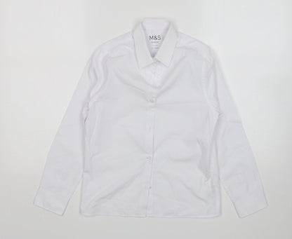 Preloved M&S Girls White  Cotton Basic Button-Up Size 9-10 Years Collared - Front