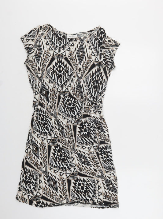 Wallis Womens Black Geometric Viscose Bodycon  Size 12  Crew Neck