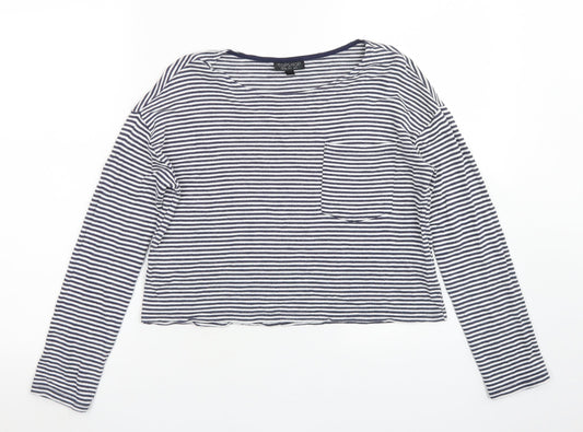 Topshop Womens Blue Striped Viscose Cropped T-Shirt Size 6 Crew Neck - Chest Pocket