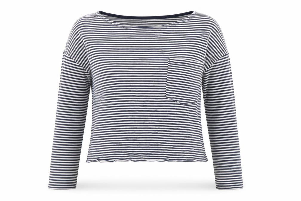 Topshop Womens Blue Striped Viscose Cropped T-Shirt Size 6 Crew Neck - Chest Pocket