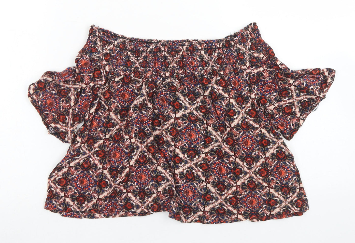 Topshop Womens Red Floral Viscose Cropped Blouse Size 6 Off the Shoulder