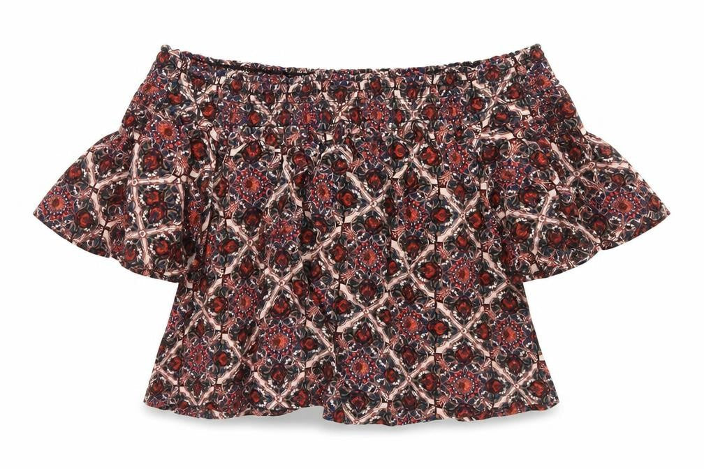 Topshop Womens Red Floral Viscose Cropped Blouse Size 6 Off the Shoulder