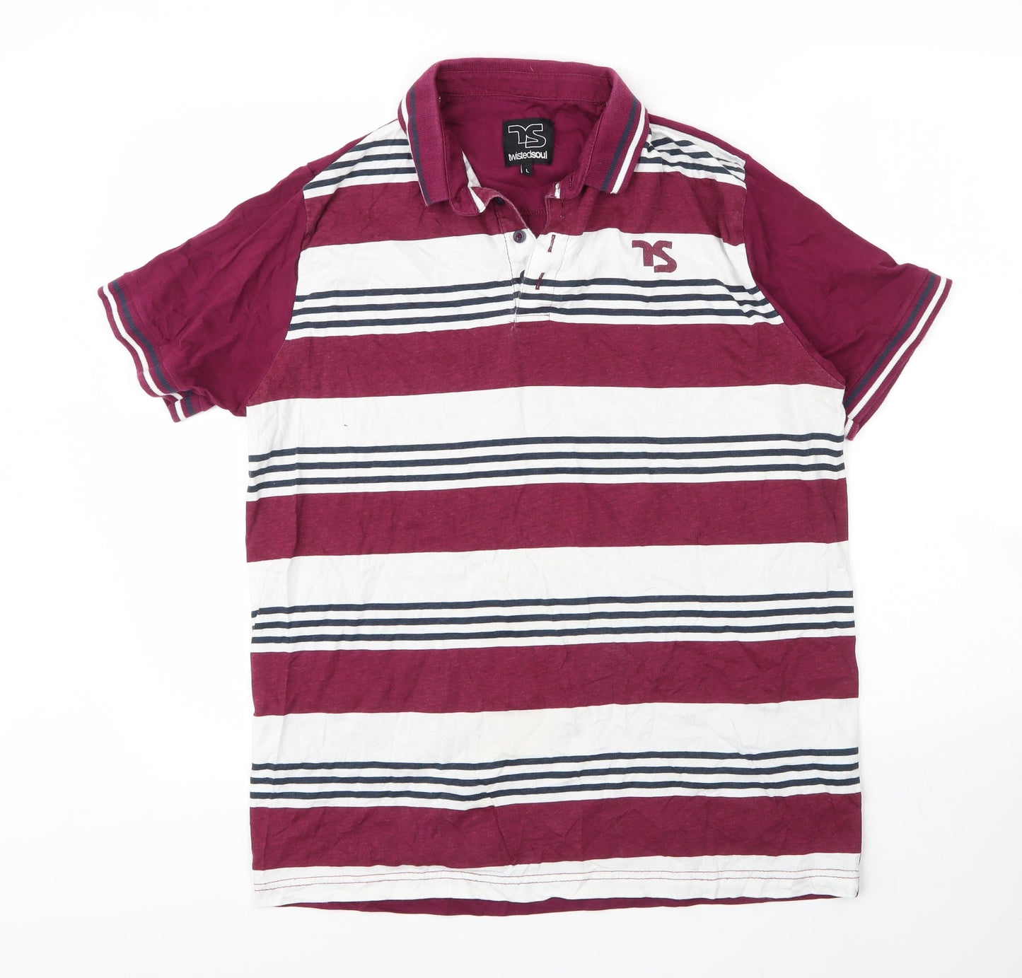 Twisted Soul Mens Purple Striped Cotton  Polo Size L Collared Button