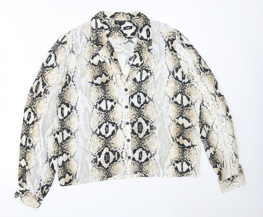 Topshop Womens Ivory Animal Print Polyester Basic Button-Up Size 14 Collared