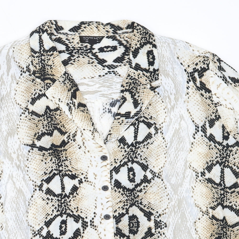 Topshop Womens Ivory Animal Print Polyester Basic Button-Up Size 14 Collared