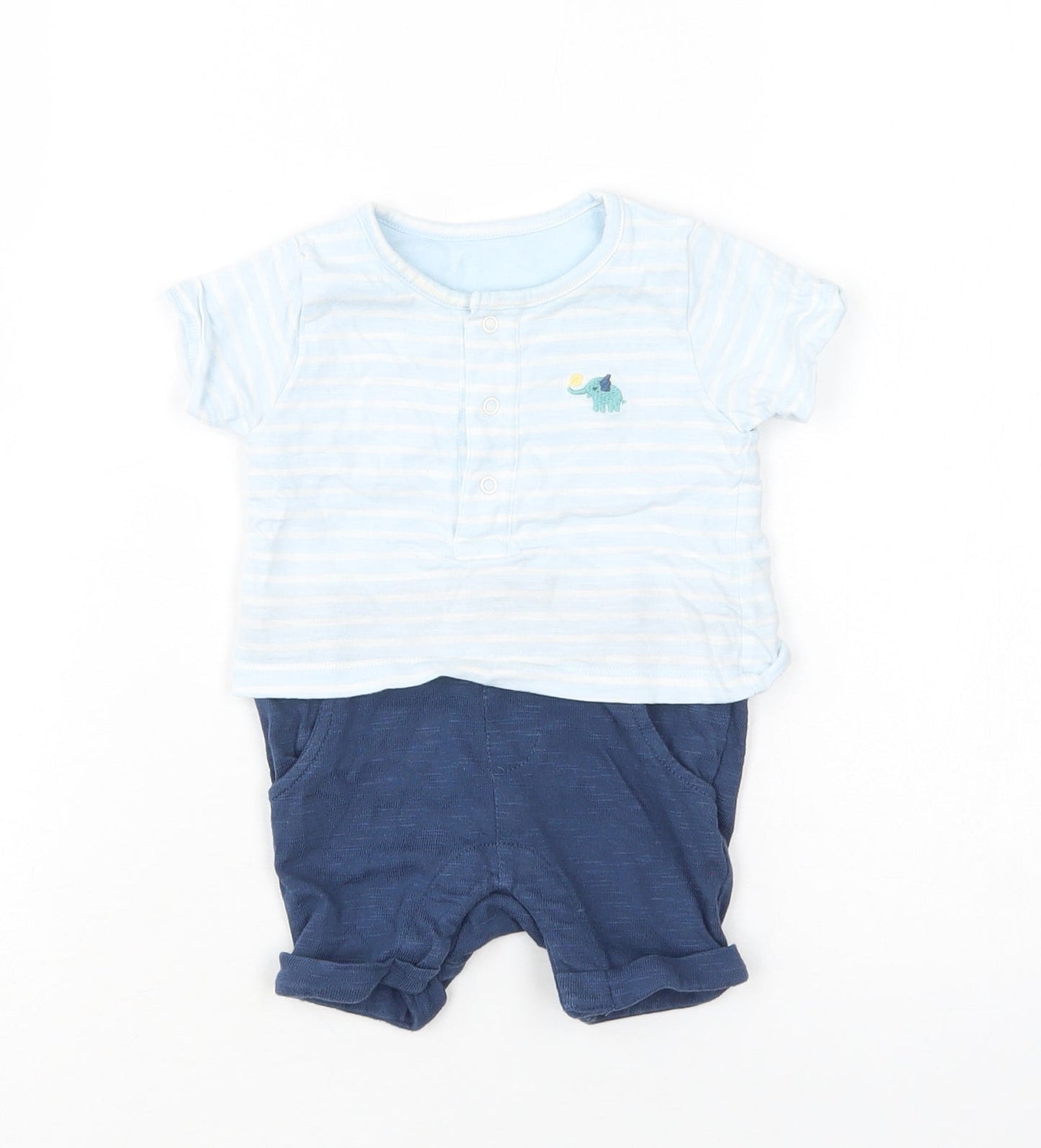 M&S Baby Blue Striped Cotton Romper One-Piece Size 0-3 Months  Snap