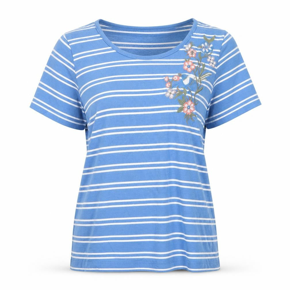 Cellbes Womens Blue Striped Cotton Basic T-Shirt Size 8 Crew Neck
