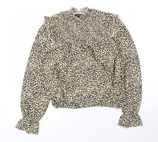 Dorothy Perkins Womens Beige Animal Print Polyester Basic Blouse Size 6 Mock Neck - Leopard print