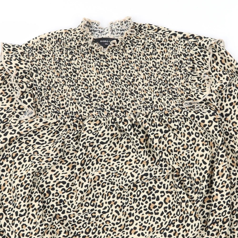 Dorothy Perkins Womens Beige Animal Print Polyester Basic Blouse Size 6 Mock Neck - Leopard print
