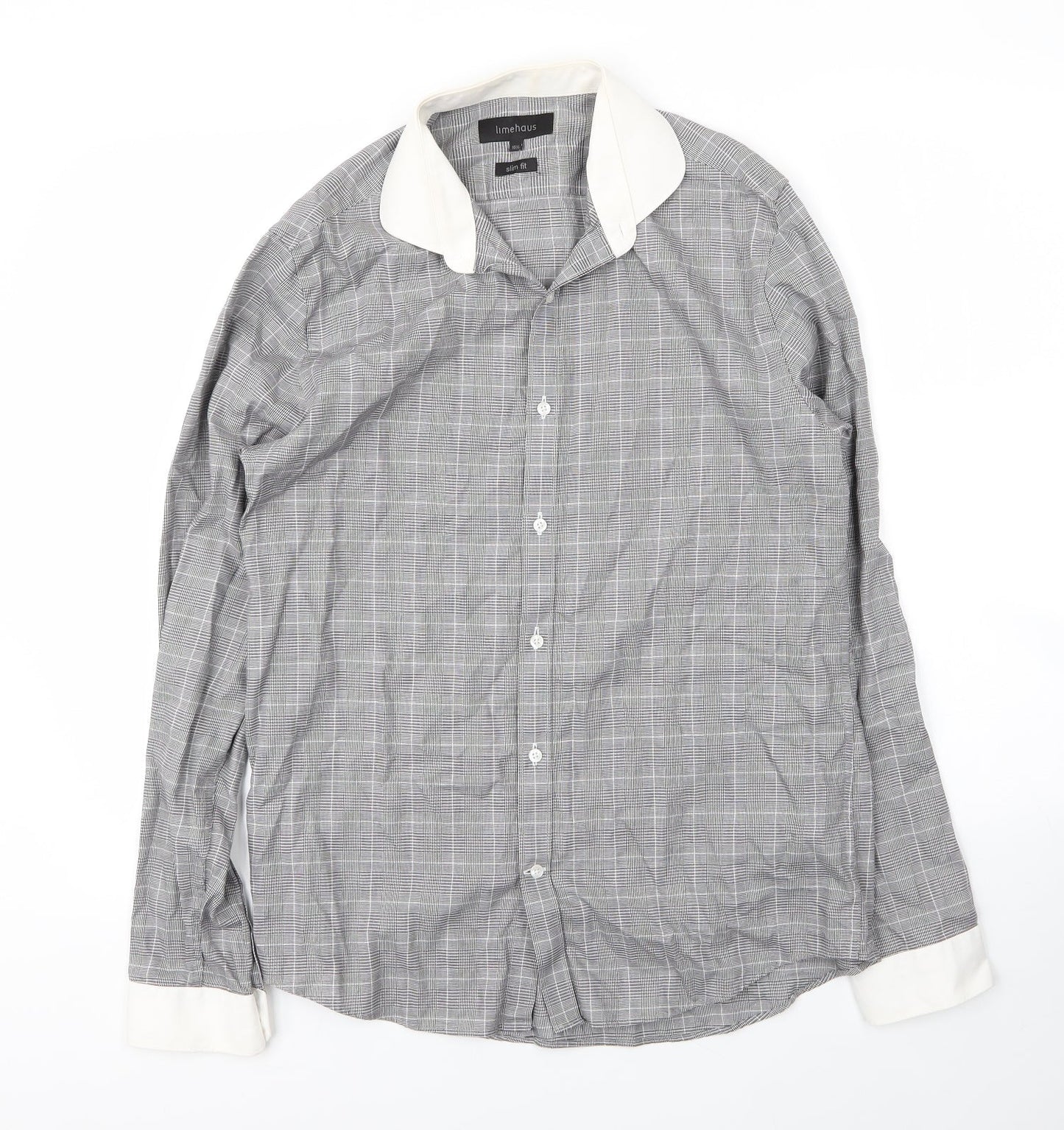 Limehaus Mens Grey Plaid Cotton  Button-Up Size 15.5 Collared Button