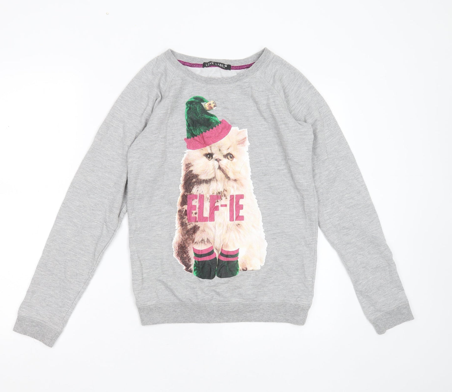 Love Label Womens Grey  Polyester Pullover Sweatshirt Size 8   - cat christmas