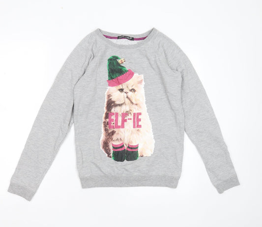 Love Label Womens Grey  Polyester Pullover Sweatshirt Size 8   - cat christmas