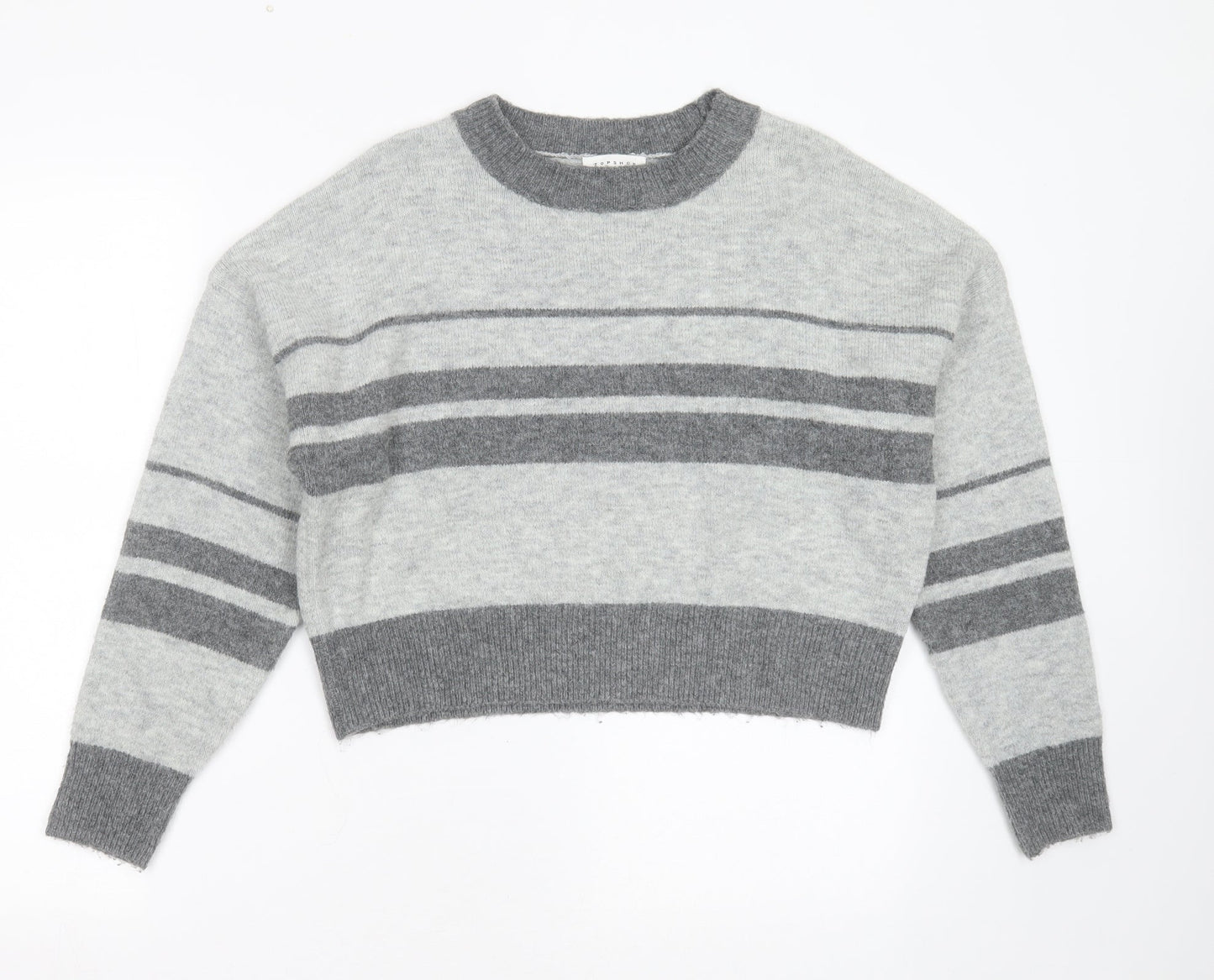 Topshop Womens Grey Round Neck Striped Acrylic Pullover Jumper Size 8