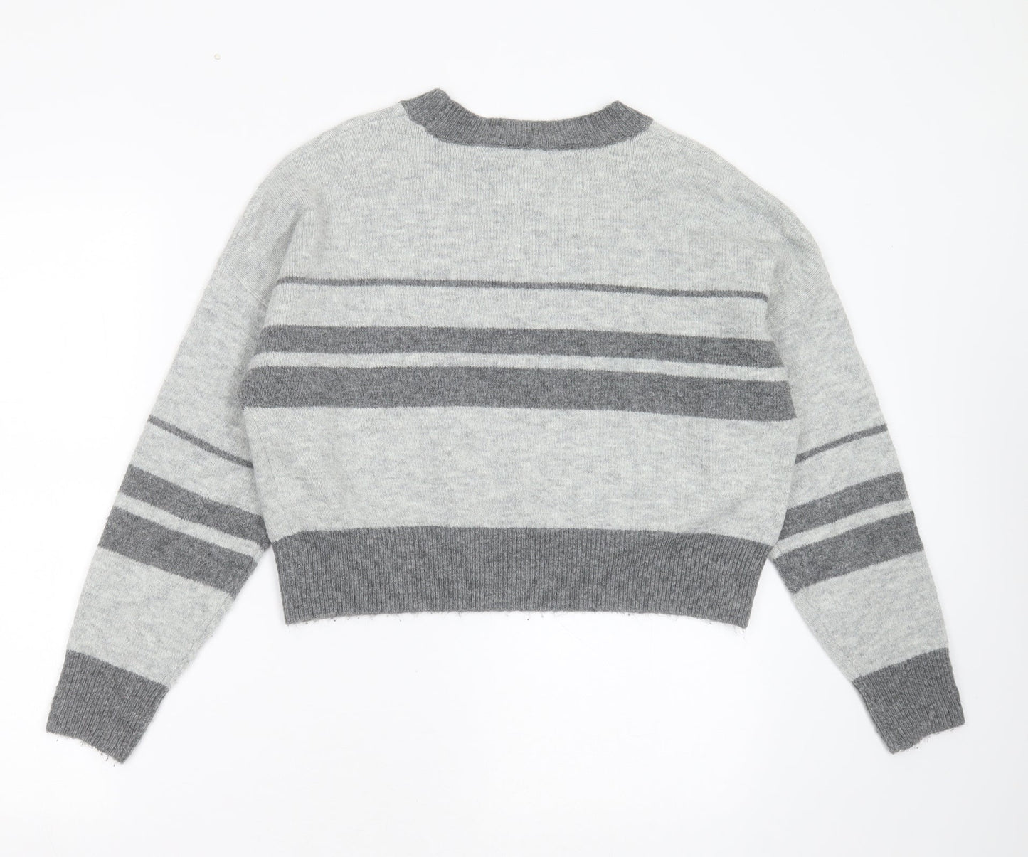 Topshop Womens Grey Round Neck Striped Acrylic Pullover Jumper Size 8
