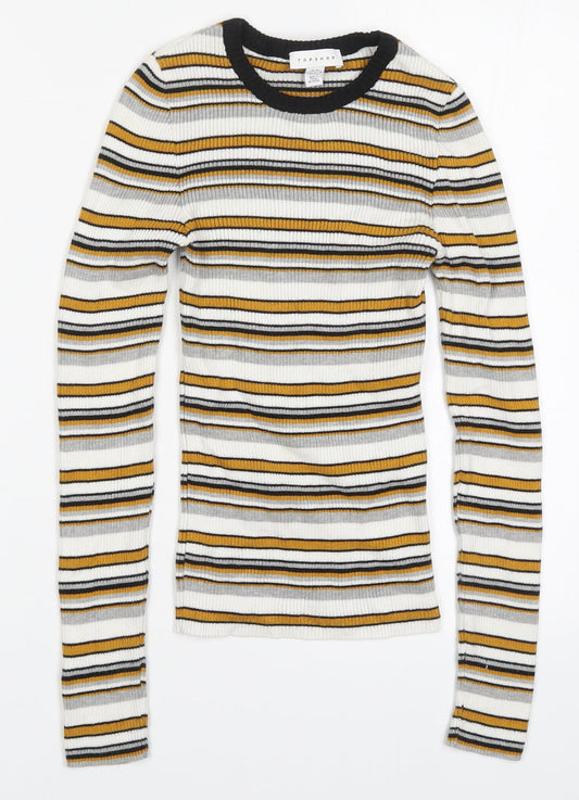 Topshop Womens Yellow Round Neck Striped Acrylic Pullover Jumper Size XS