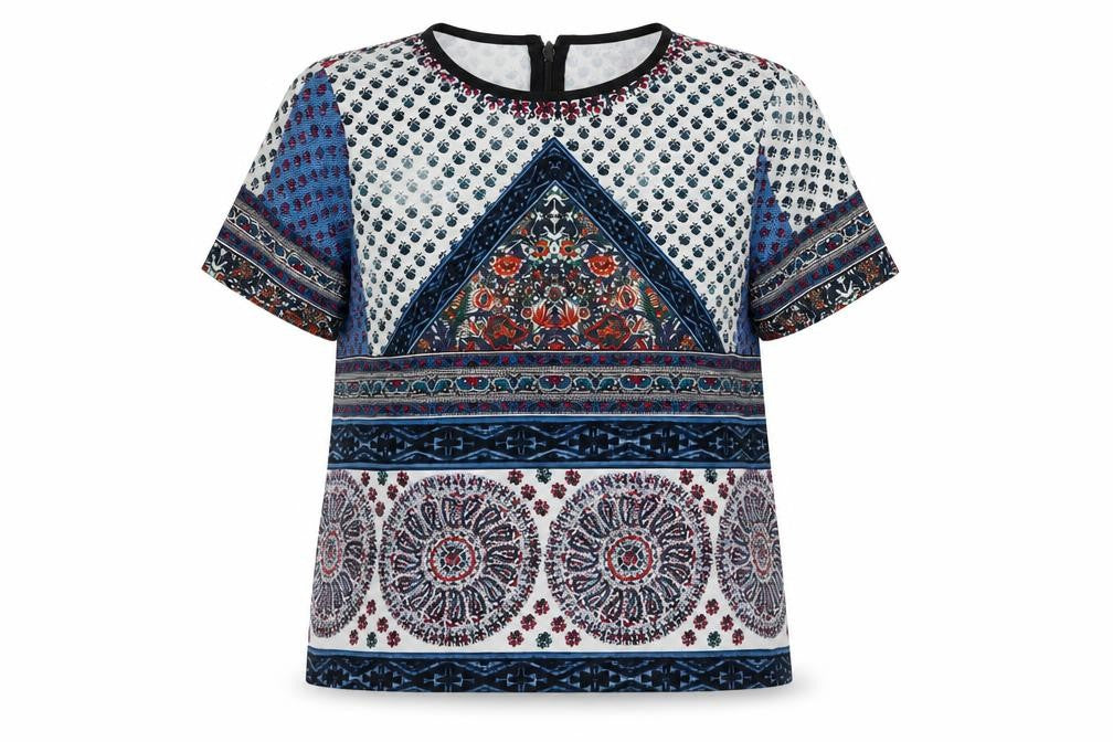 Topshop Womens Blue Geometric Polyester Basic Blouse Size 6 Round Neck