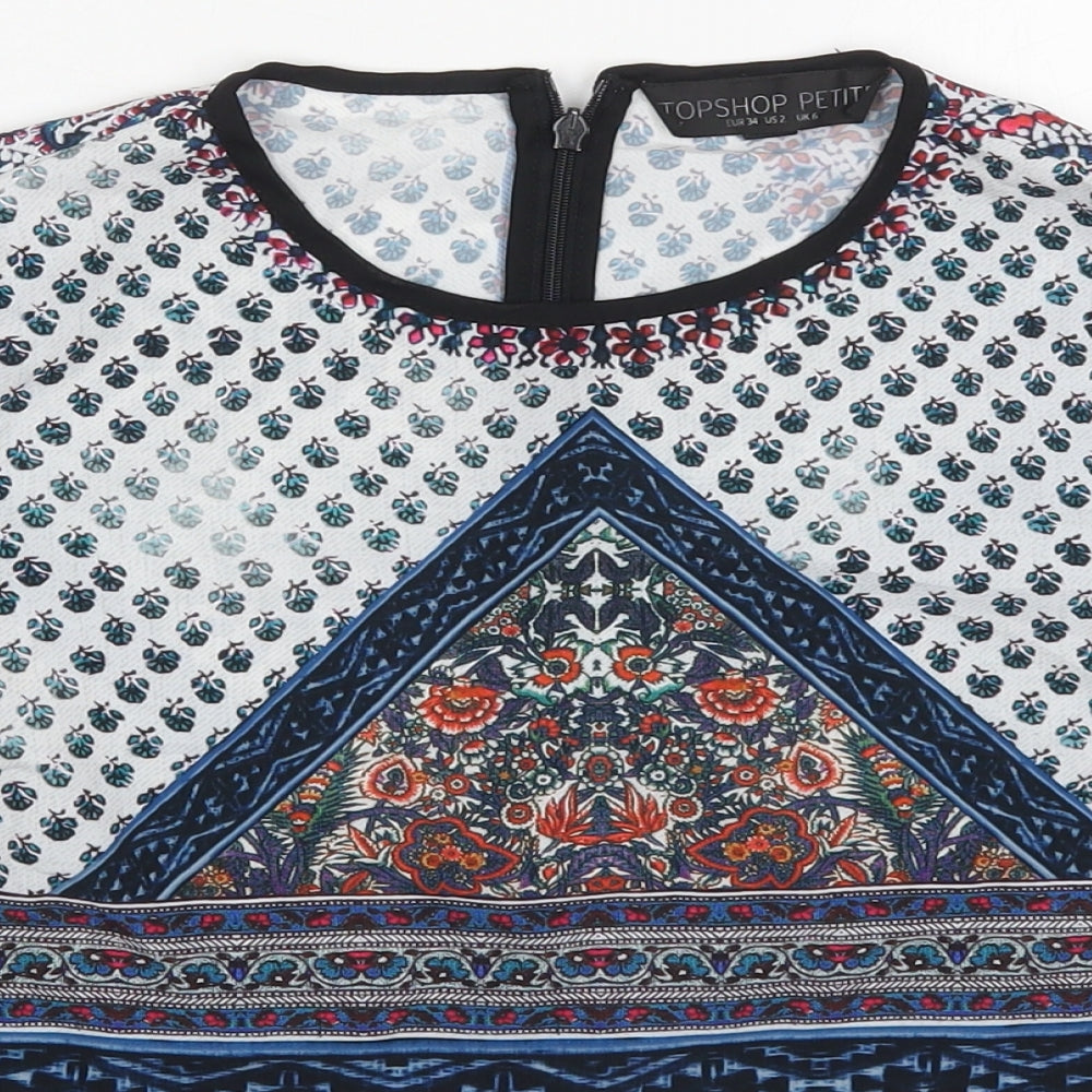 Topshop Womens Blue Geometric Polyester Basic Blouse Size 6 Round Neck